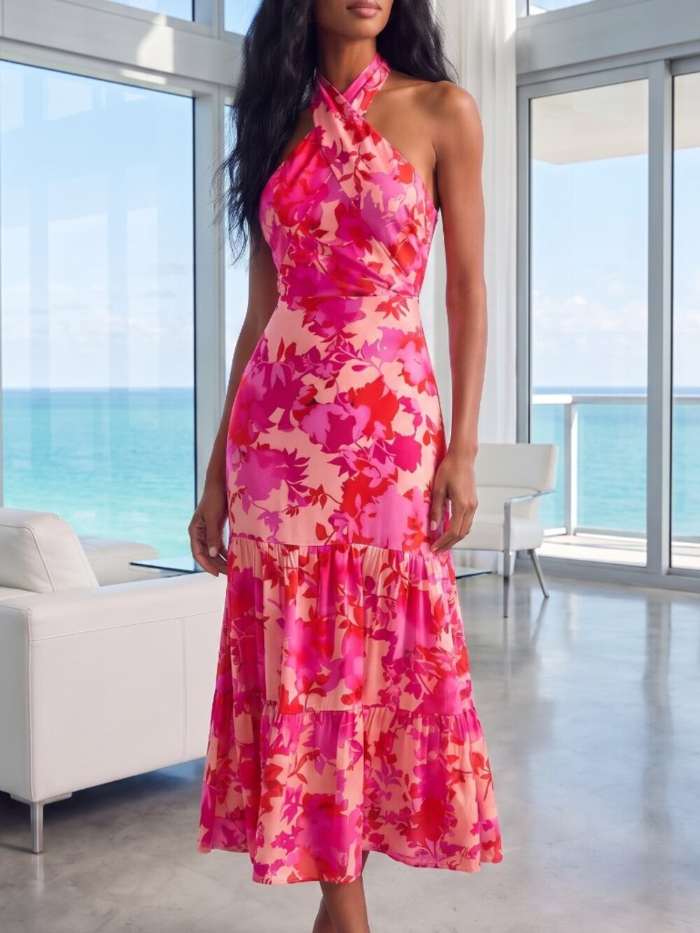 NWT LULUS Always Eye Catching hot pink floral midi dress M